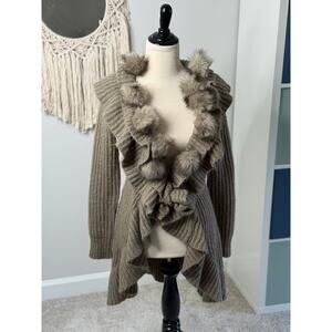 Boston Proper Neutral Mohair Faux Fur Pom Pom Knit Tie Waist Cardigan Sweater XS
